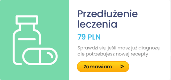 Baner z ikoną butelki z lekami i napisami Przedłużenie leczenia konsultacja za 79PLN, wybierz teraz